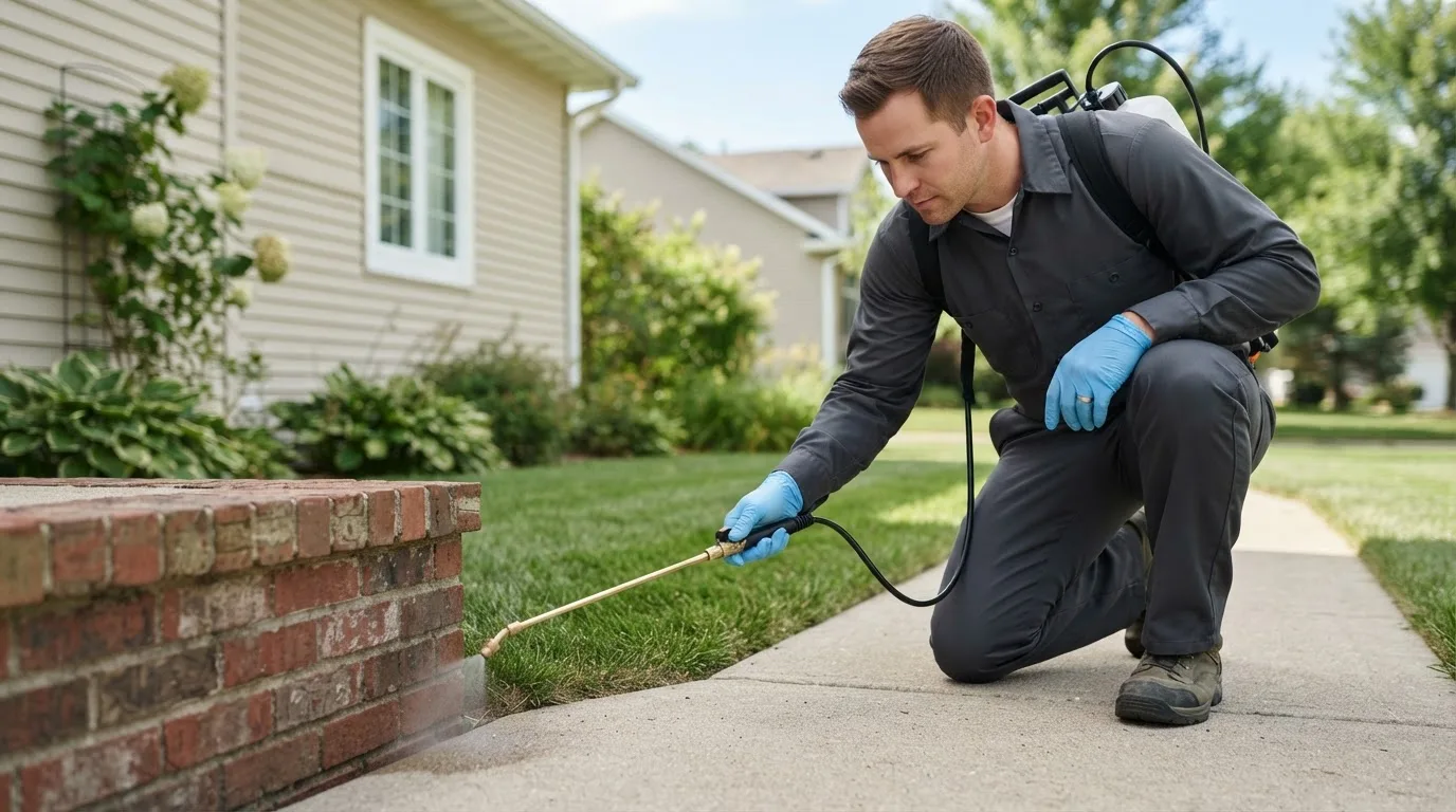Pest control technician treating a home near State Road, NC